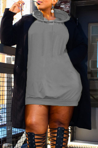 Grey Casual Solid Patchwork Hooded Collar Long Sleeve Dresses