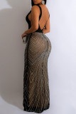 Black Sexy Patchwork Hot Drilling See-through Backless V Neck Long Dress Dresses