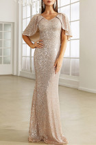Gold Sexy Formal Patchwork Sequins V Neck Evening Dress Dresses