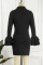 Black Casual Solid Patchwork Turn-back Collar Long Sleeve Dresses
