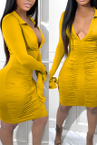 Yellow Sexy Solid Fold Turndown Collar Pencil Skirt Dresses