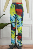 Green Casual Print Patchwork Skinny High Waist Pencil Trousers
