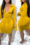 Yellow Sexy Solid Fold Turndown Collar Pencil Skirt Dresses