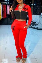 Red Casual Print Patchwork Zipper Two Pieces