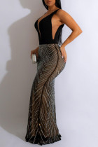 Black Sexy Patchwork Hot Drilling See-through Backless V Neck Long Dress Dresses