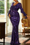 Purple Sexy Formal Patchwork Sequins V Neck Evening Dress Dresses