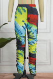 Green Casual Print Patchwork Skinny High Waist Pencil Trousers