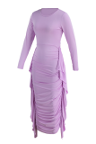 Purple Fashion Solid Flounce O Neck Pencil Skirt Dresses