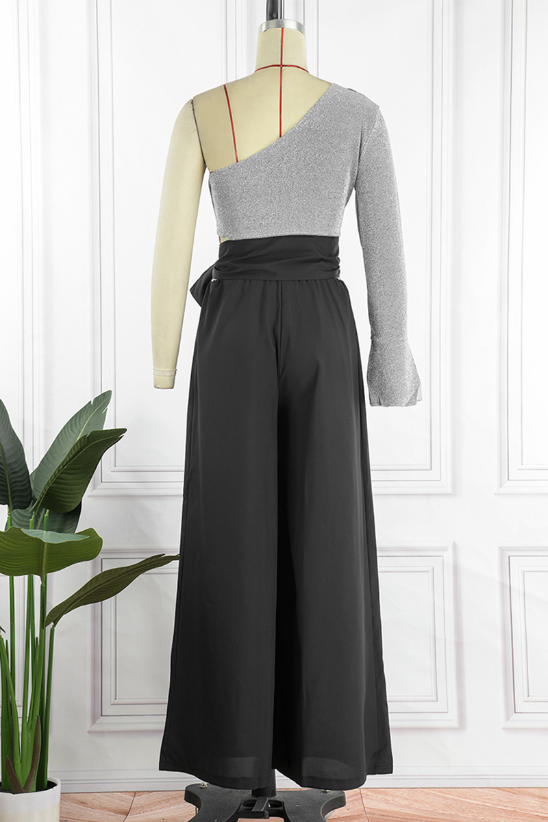 Elegant Solid Bandage Pocket Oblique Collar Long Sleeve Two Pieces