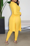 Yellow Casual Solid Slit Turndown Collar Long Sleeve Two Pieces