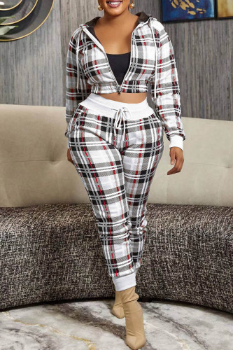White Casual Plaid Print Patchwork Hooded Collar Long Sleeve Two Pieces