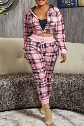 Pink Casual Plaid Print Patchwork Hooded Collar Long Sleeve Two Pieces