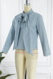 Light Blue Casual Solid Patchwork With Bow O Neck Long Sleeve Regular Denim Tops