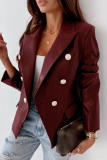 Burgundy Casual Solid Cardigan Turn-back Collar Outerwear