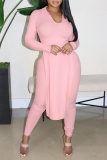 Pink Casual Solid Slit Turndown Collar Long Sleeve Two Pieces