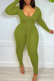 Green Yellow Casual Solid Patchwork V Neck Skinny Jumpsuits