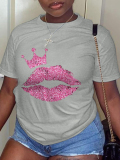 White Daily Vintage Lips Printed Patchwork O Neck T-Shirts