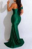 Green Sexy Solid Patchwork Slit Oblique Collar Evening Dress Dresses