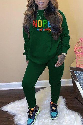 Dark Green Casual Print Patchwork O Neck Long Sleeve Two Pieces