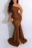 Brown Sexy Solid Patchwork Slit Oblique Collar Evening Dress Dresses