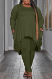 Army Green Casual Solid Asymmetrical O Neck Plus Size Two Pieces
