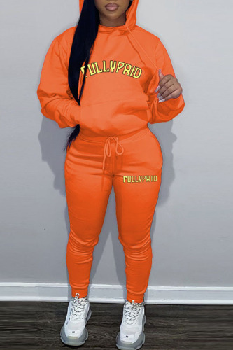 Orange Casual Print Patchwork Hooded Collar Long Sleeve Two Pieces