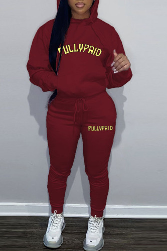 Burgundy Casual Print Patchwork Hooded Collar Long Sleeve Two Pieces