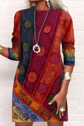 Red Casual Print Patchwork O Neck Long Sleeve Dresses