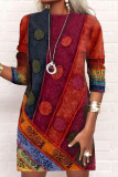 Red Casual Print Patchwork O Neck Long Sleeve Dresses