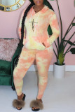Yellow Casual Print Tie-dye Hooded Collar Long Sleeve Two Pieces