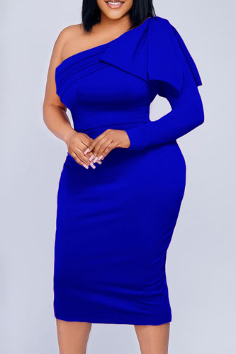 Blue Casual Solid Patchwork Oblique Collar Long Sleeve Dresses