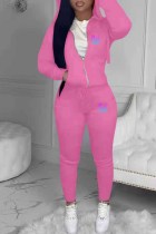 Pink Casual Print Letter Hooded Collar Long Sleeve Two Pieces
