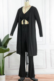 Black Casual Solid Patchwork Draw String V Neck Long Sleeve Three Pieces