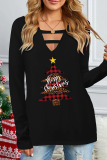 White Casual Christmas Tree Printed Hollowed Out V Neck Tops