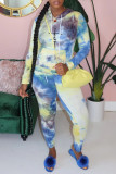 Blue Casual Print Tie-dye Hooded Collar Long Sleeve Two Pieces