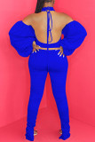 Royal Blue Sexy Casual Solid Bandage Backless Fold Halter Long Sleeve Two Pieces