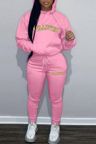 Pink Casual Print Patchwork Hooded Collar Long Sleeve Two Pieces