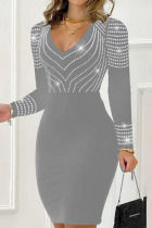 Grey Casual Solid Patchwork Hot Drill V Neck Long Sleeve Dresses