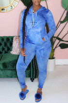 Blue Casual Print Tie-dye Hooded Collar Long Sleeve Two Pieces