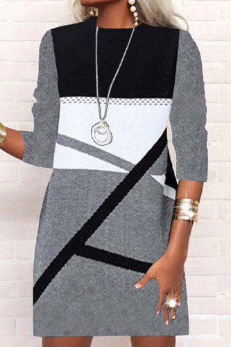 Grey Casual Print Patchwork O Neck Long Sleeve Dresses