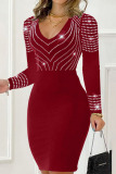 Burgundy Casual Solid Patchwork Hot Drill V Neck Long Sleeve Dresses