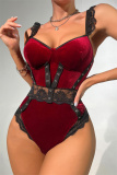 Burgundy Sexy Patchwork See-through Backless Lingerie