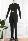 Black Casual Solid Patchwork Slit O Neck Long Sleeve Two Pieces