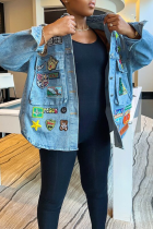 Blue Street Patchwork Buckle Turndown Collar Long Sleeve Denim Jacket