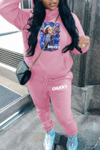Pink Casual Print Patchwork Hooded Collar Long Sleeve Two Pieces
