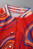 Red Casual Print Patchwork Buckle Cardigan Collar Long Sleeve Two Pieces