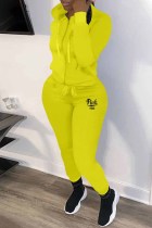 Yellow Casual Letter Print Patchwork Hooded Collar Long Sleeve Two Pieces