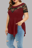 Burgundy Casual Patchwork See-through O Neck T-Shirts
