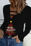 White Casual Christmas Tree Printed Hollowed Out V Neck Tops