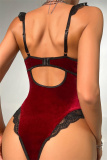 Burgundy Sexy Patchwork See-through Backless Lingerie